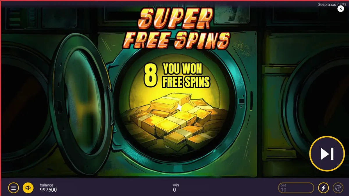 The Soapranos slot game interface featuring laundry and mafia theme