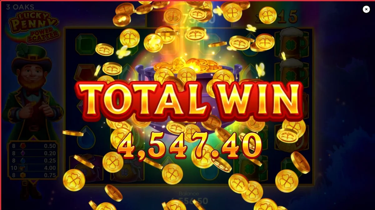 Lucky Penny Power Scatter سلاٹ گیم کا ایک منظر جس میں لیپریچون اور سنہری جنگل دکھایا گیا ہے